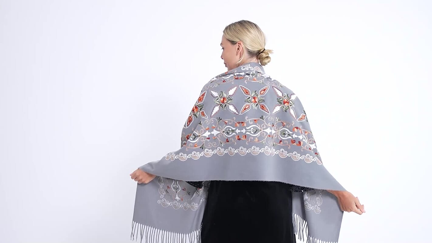 Tamsy Grey Polyester Soft Embroidered Flower Tassels Scarf (27.5"x70.8")