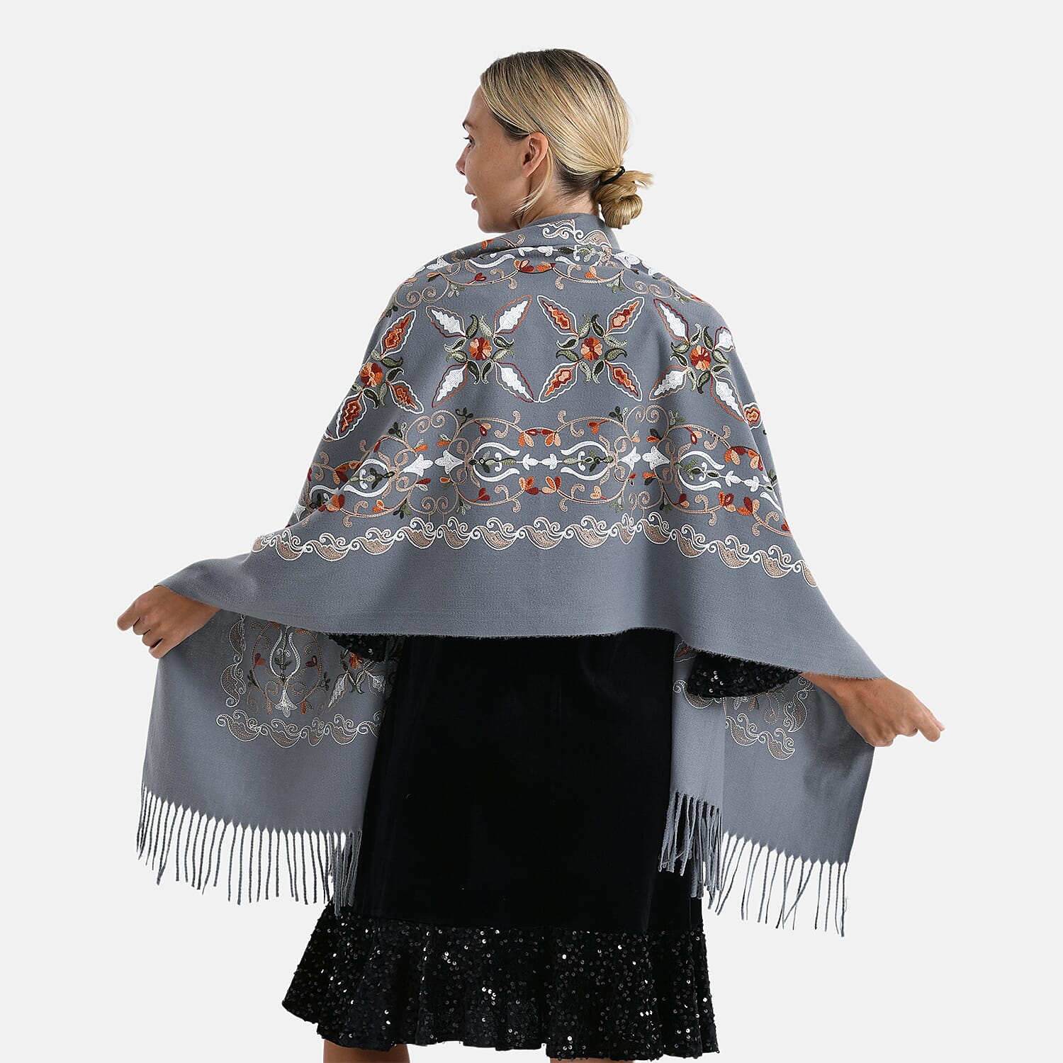 TAMSY Light Grey Baroque Soft Woven Embroidered Scarf with Tassels – One Size