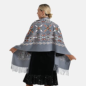 TAMSY Light Grey Baroque Soft Woven Embroidered Scarf with Tassels &ndash; One Size