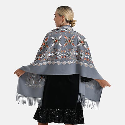 TAMSY Light Grey Baroque Soft Woven Embroidered Scarf with Tassels – One Size