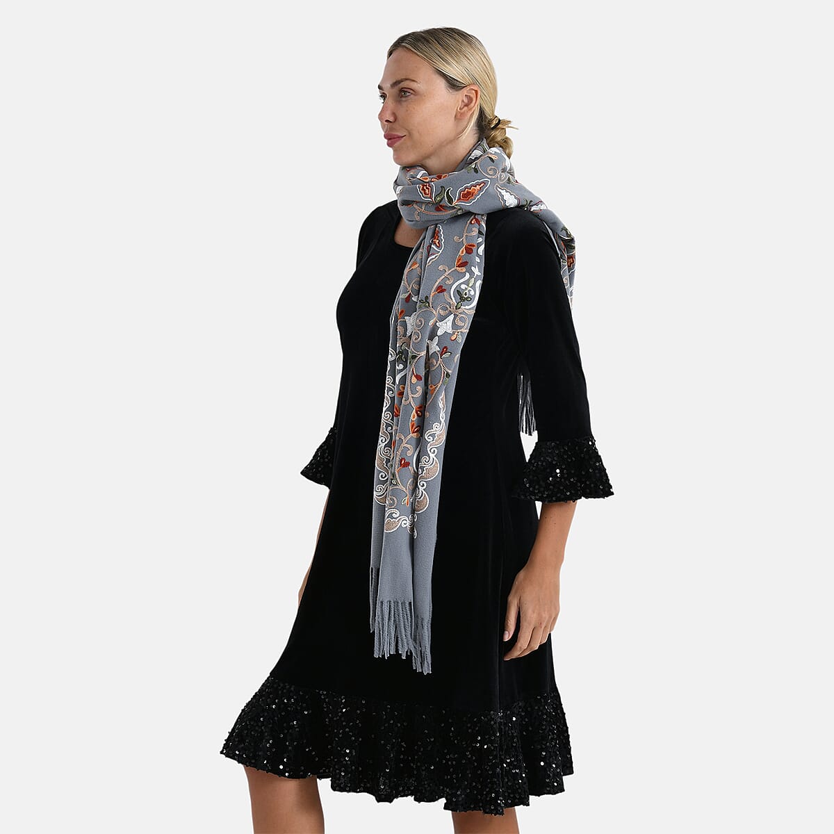 TAMSY Light Grey Baroque Soft Woven Embroidered Scarf with Tassels &ndash; One Size image number 2