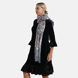 TAMSY Light Grey Baroque Soft Woven Embroidered Scarf with Tassels &ndash; One Size