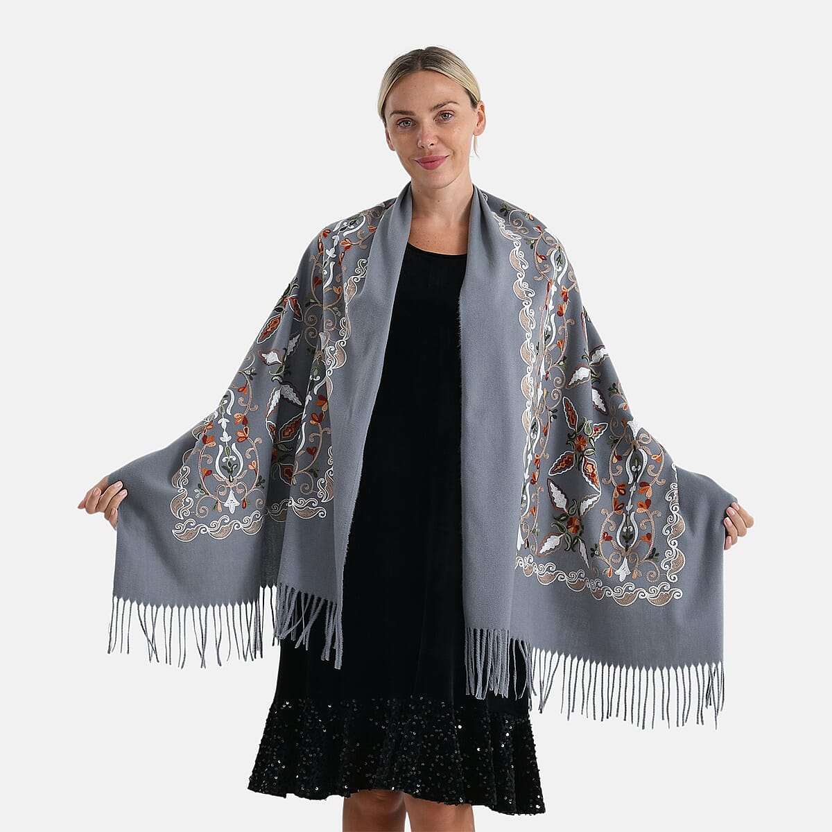 TAMSY Light Grey Baroque Soft Woven Embroidered Scarf with Tassels &ndash; One Size image number 3