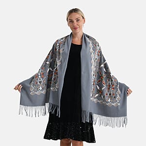 TAMSY Light Grey Baroque Soft Woven Embroidered Scarf with Tassels &ndash; One Size