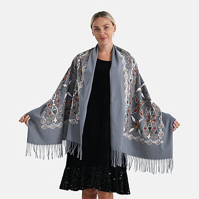 TAMSY Light Grey Baroque Soft Woven Embroidered Scarf with Tassels – One Size