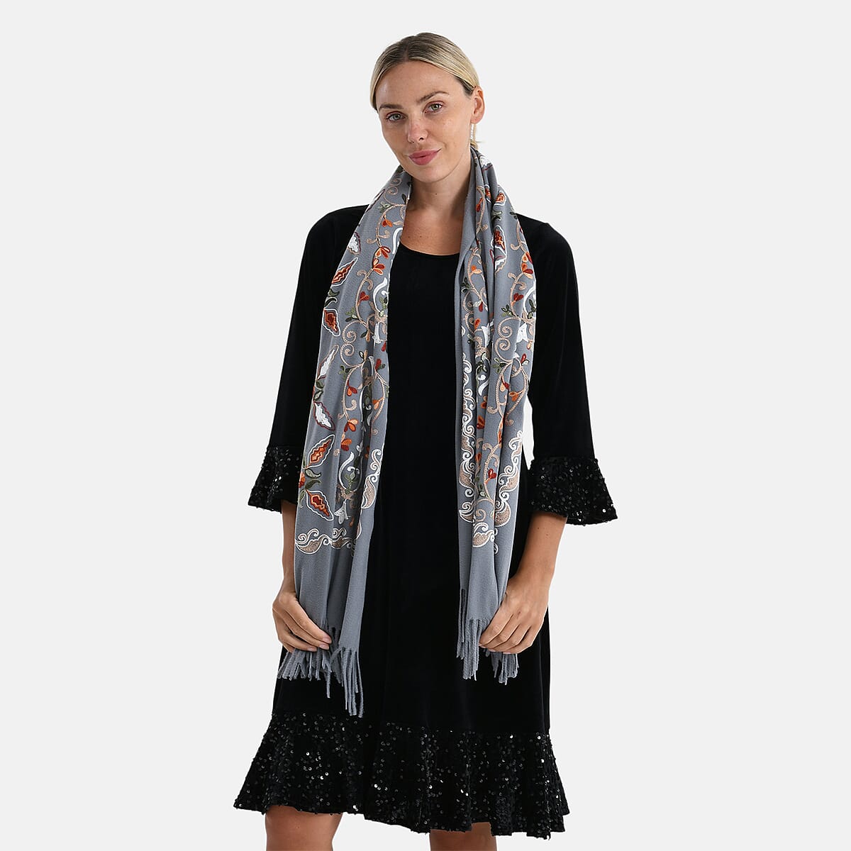 TAMSY Light Grey Baroque Soft Woven Embroidered Scarf with Tassels &ndash; One Size image number 4