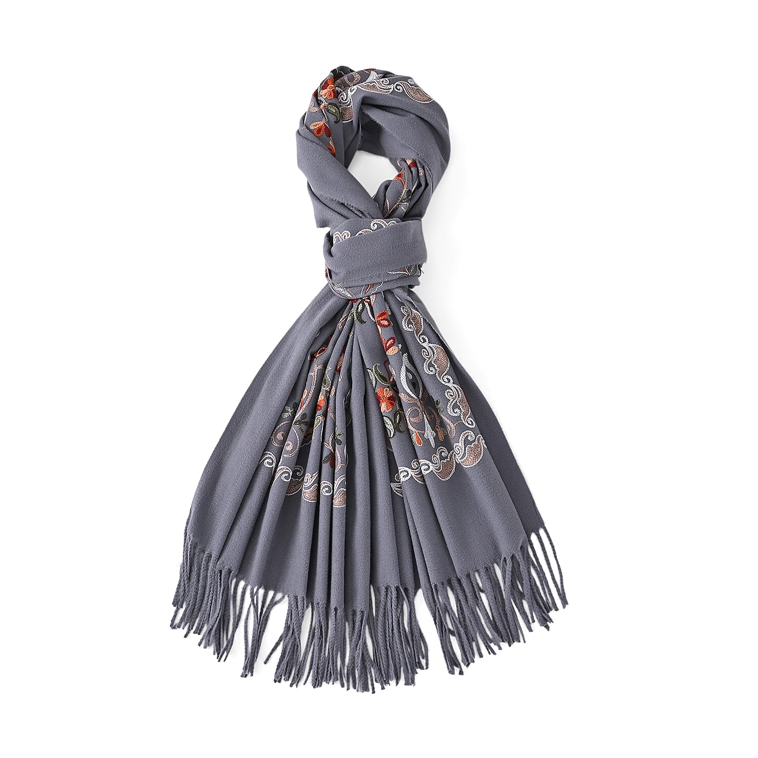 TAMSY Light Grey Baroque Soft Woven Embroidered Scarf with Tassels – One Size