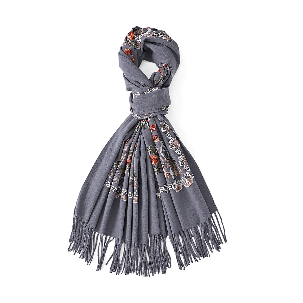 TAMSY Light Grey Baroque Soft Woven Embroidered Scarf with Tassels &ndash; One Size image number 5