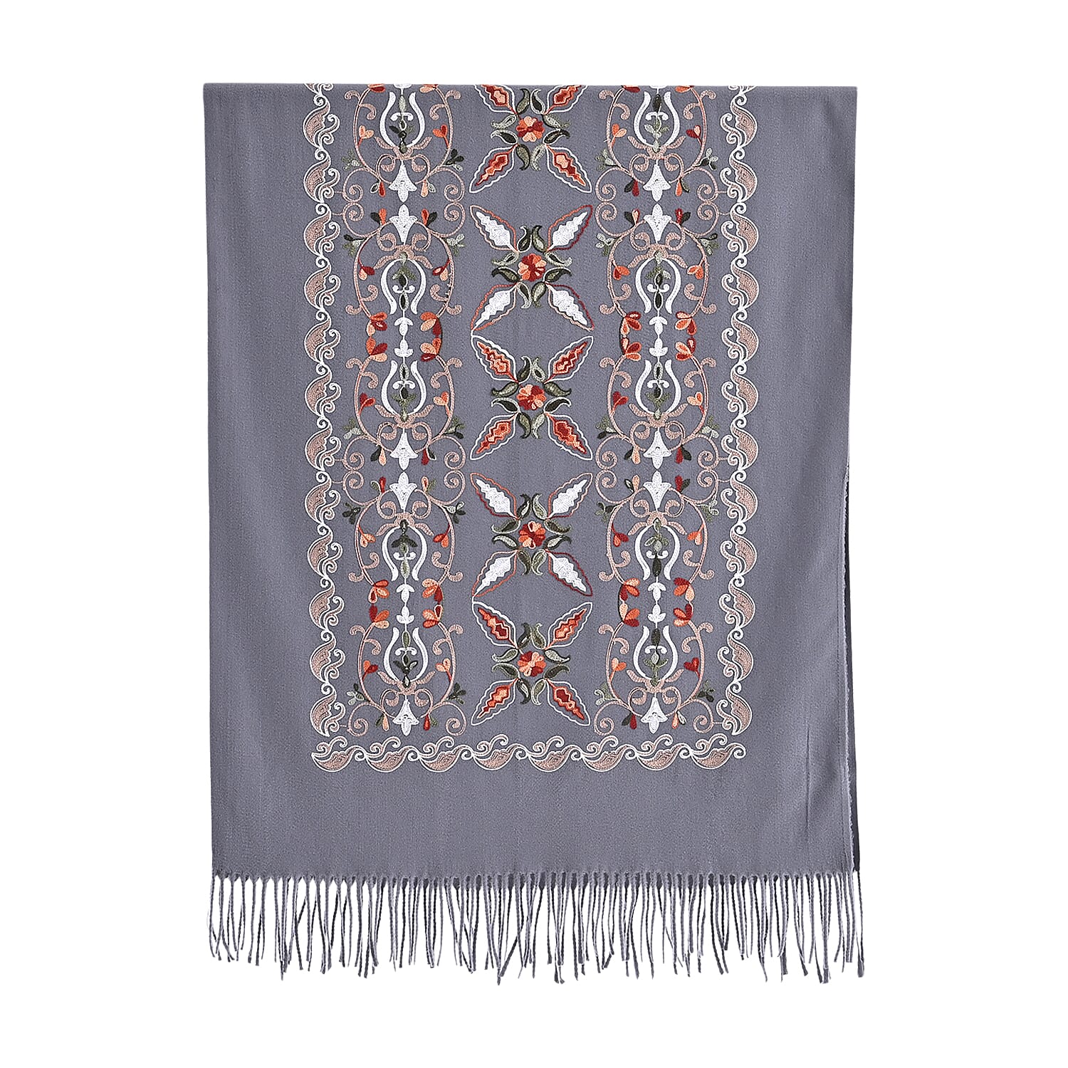 TAMSY Light Grey Baroque Soft Woven Embroidered Scarf with Tassels – One Size