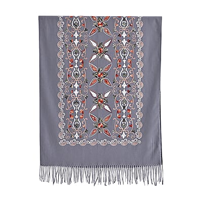 TAMSY Light Grey Baroque Soft Woven Embroidered Scarf with Tassels – One Size
