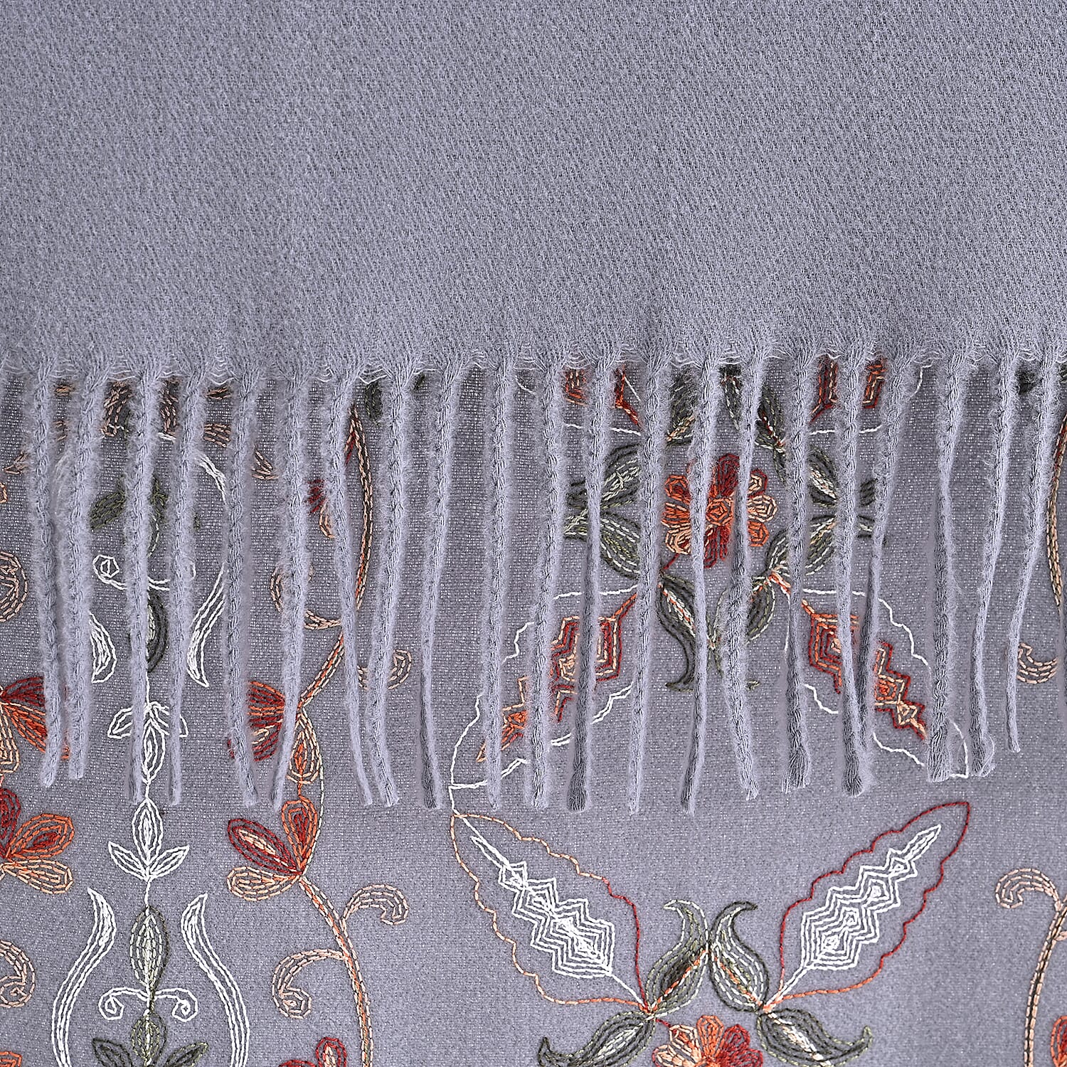 TAMSY Light Grey Baroque Soft Woven Embroidered Scarf with Tassels – One Size