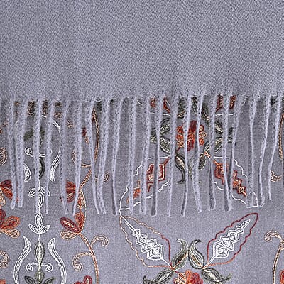 TAMSY Light Grey Baroque Soft Woven Embroidered Scarf with Tassels – One Size