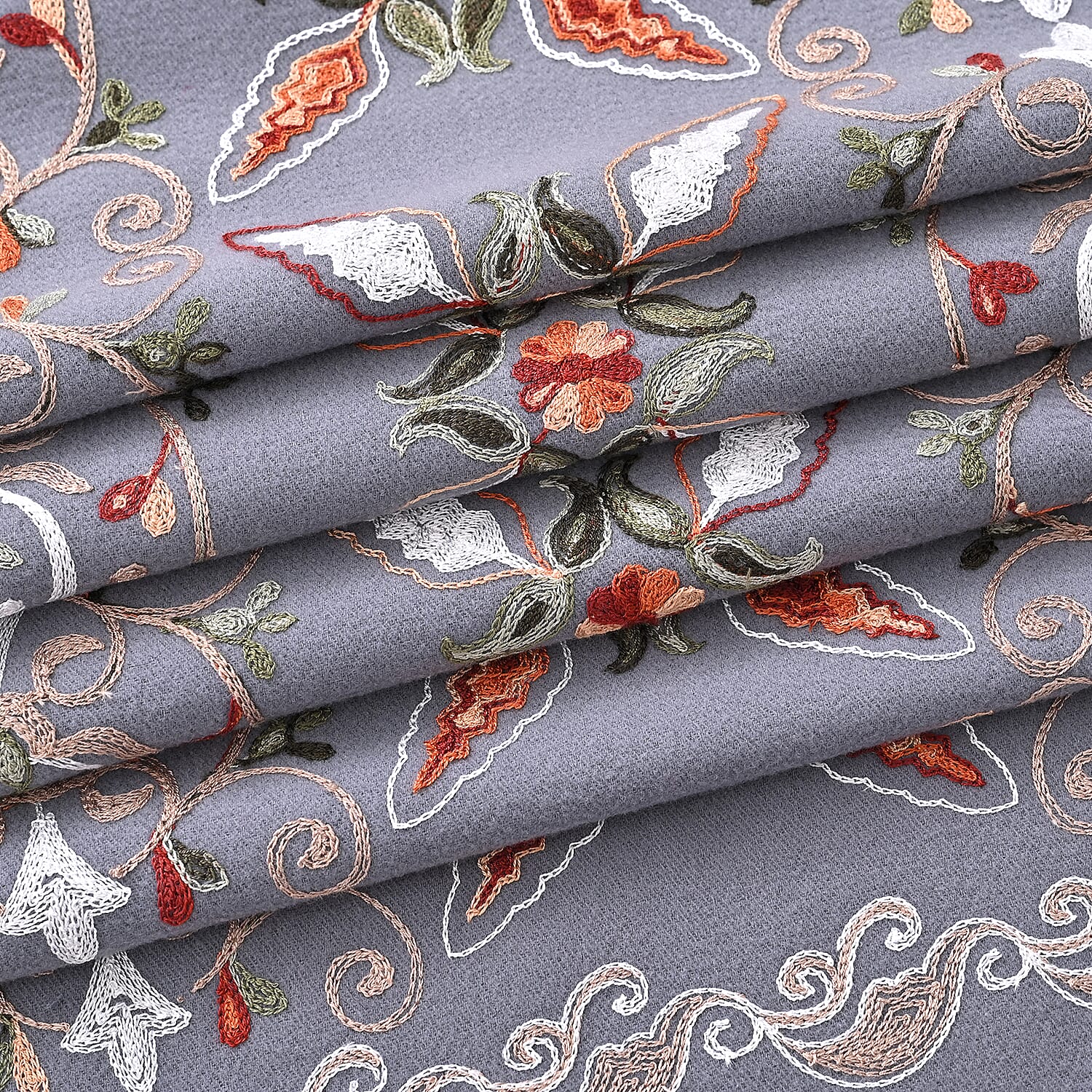 TAMSY Light Grey Baroque Soft Woven Embroidered Scarf with Tassels – One Size