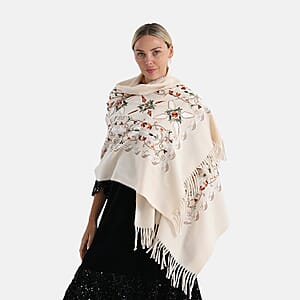 TAMSY Cream Baroque Soft Woven Embroidered Scarf with Tassels &ndash; One Size