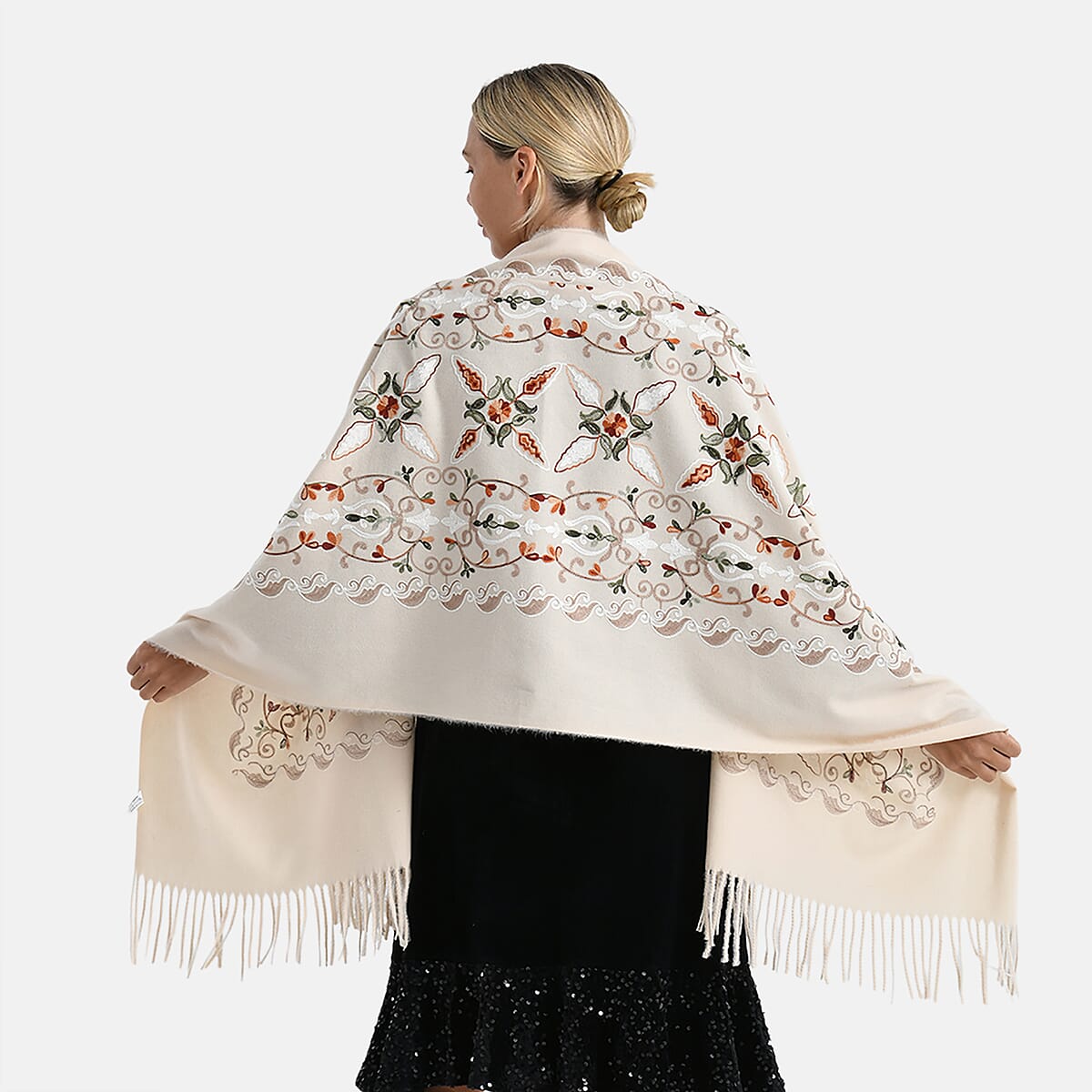 TAMSY Cream Baroque Soft Woven Embroidered Scarf with Tassels &ndash; One Size image number 1