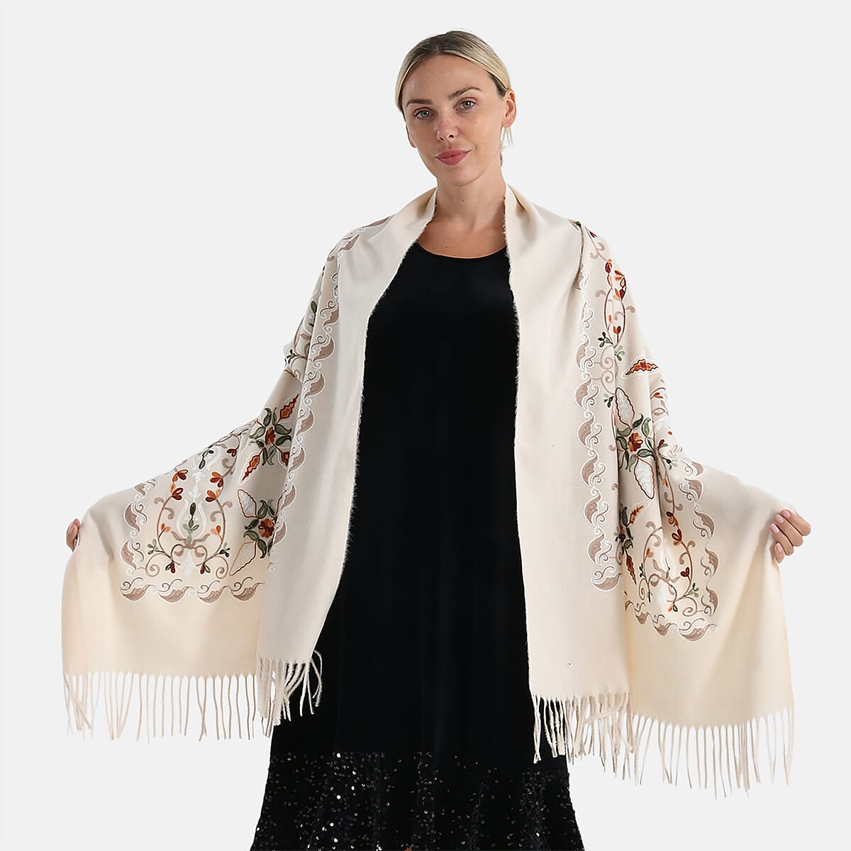 TAMSY Cream Baroque Soft Woven Embroidered Scarf with Tassels &ndash; One Size image number 2