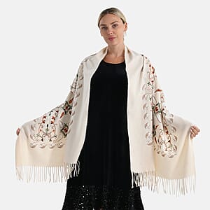 TAMSY Cream Baroque Soft Woven Embroidered Scarf with Tassels &ndash; One Size