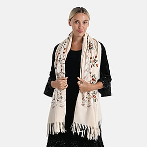 TAMSY Cream Baroque Soft Woven Embroidered Scarf with Tassels &ndash; One Size