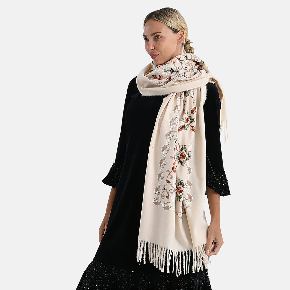 TAMSY Cream Baroque Soft Woven Embroidered Scarf with Tassels &ndash; One Size image number 4