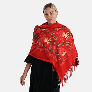 TAMSY Red Botanical Soft Woven Embroidered Scarf with Tassels – One Size