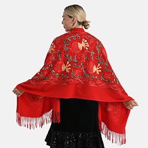 TAMSY Red Botanical Soft Woven Embroidered Scarf with Tassels &ndash; One Size