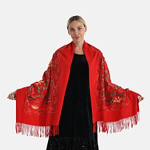 TAMSY Red Botanical Soft Woven Embroidered Scarf with Tassels &ndash; One Size