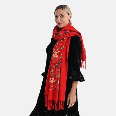 TAMSY Red Botanical Soft Woven Embroidered Scarf with Tassels – One Size