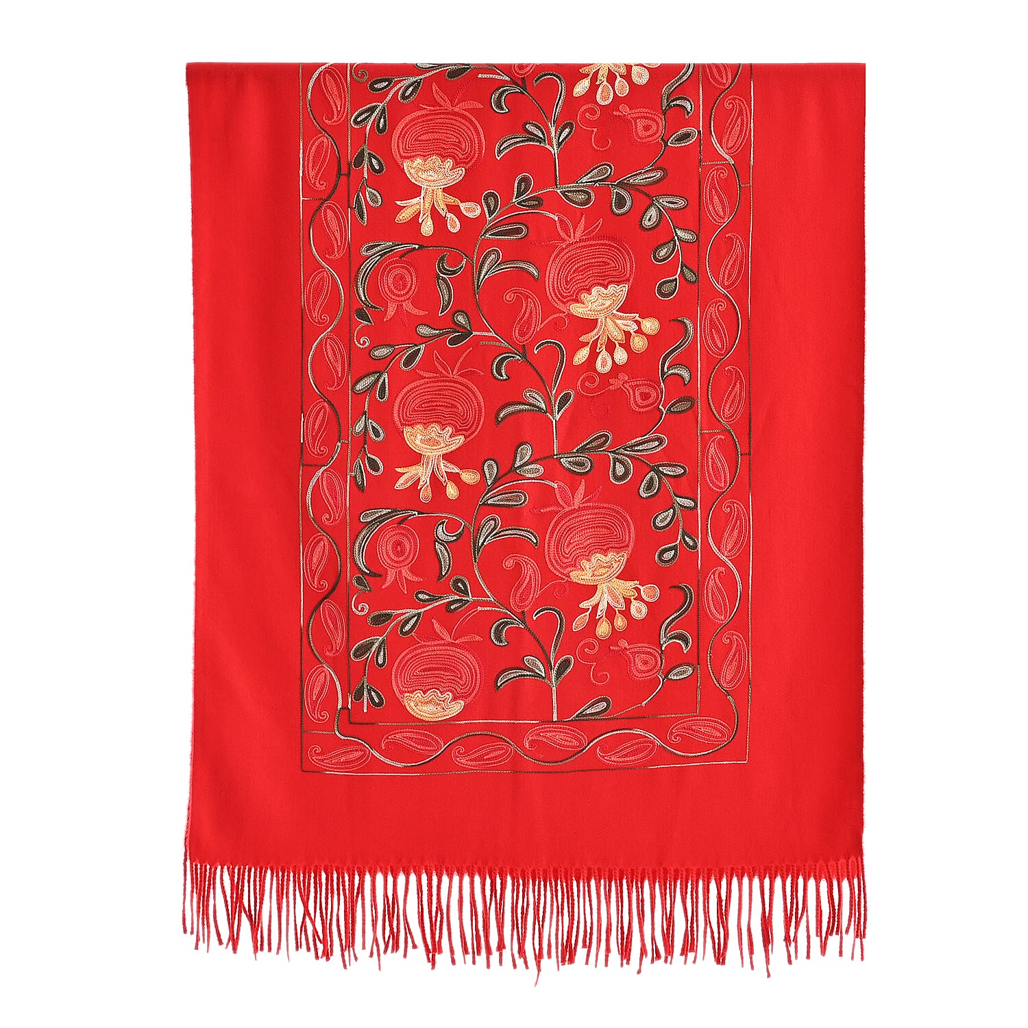 TAMSY Red Botanical Soft Woven Embroidered Scarf with Tassels – One Size