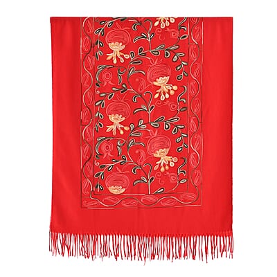 TAMSY Red Botanical Soft Woven Embroidered Scarf with Tassels – One Size