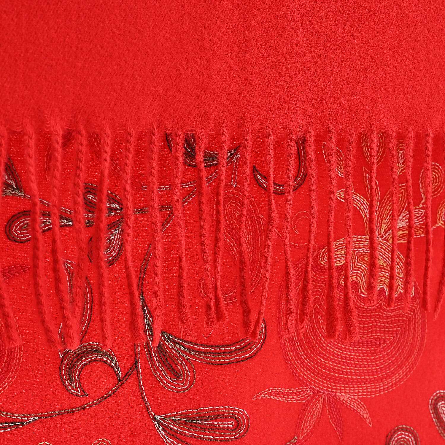 TAMSY Red Botanical Soft Woven Embroidered Scarf with Tassels – One Size