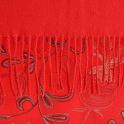 TAMSY Red Botanical Soft Woven Embroidered Scarf with Tassels – One Size