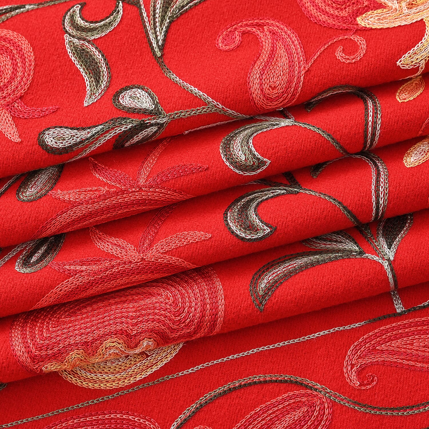 TAMSY Red Botanical Soft Woven Embroidered Scarf with Tassels – One Size