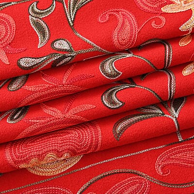 TAMSY Red Botanical Soft Woven Embroidered Scarf with Tassels – One Size