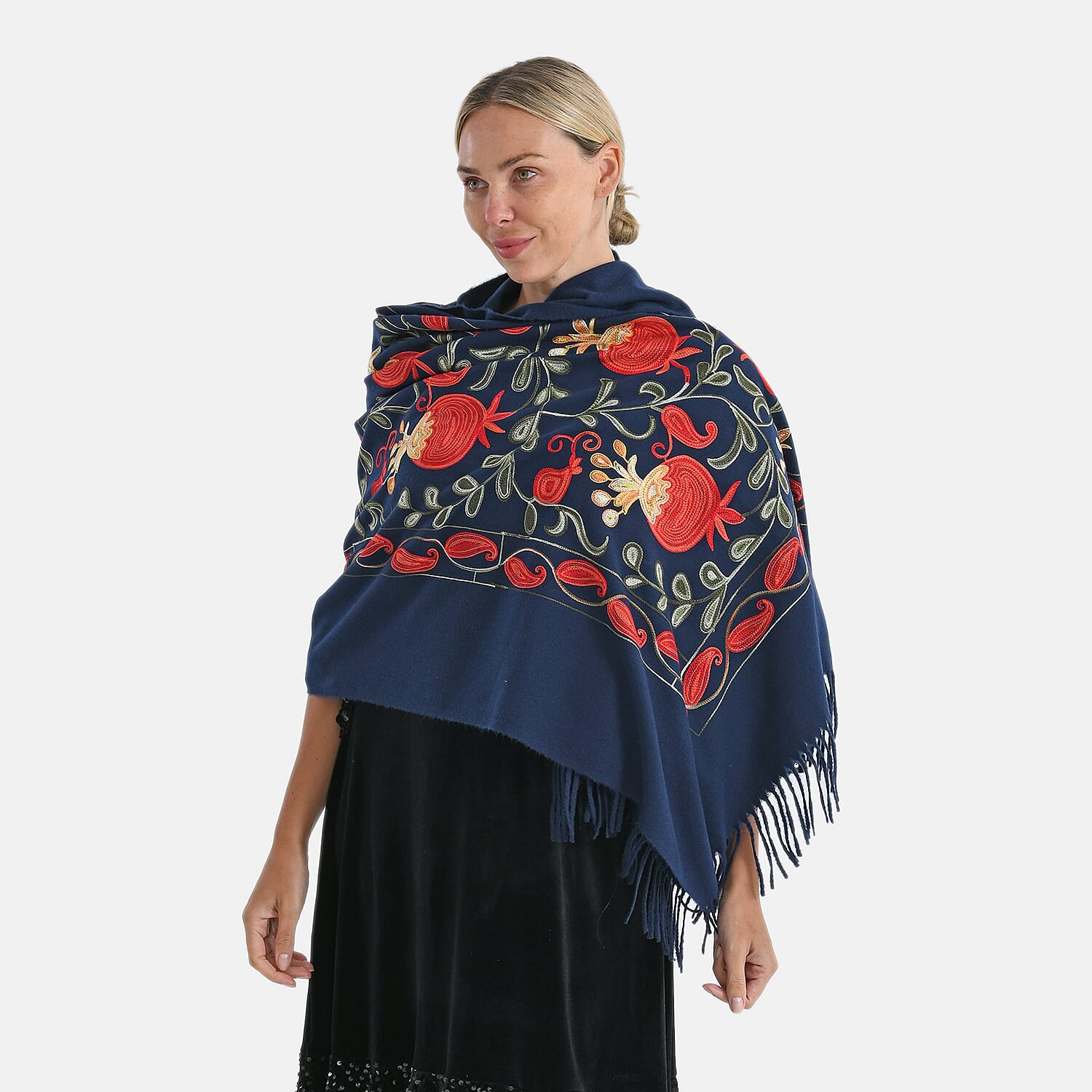 TAMSY Navy Botanical Soft Woven Embroidered Scarf with Tassels – One Size