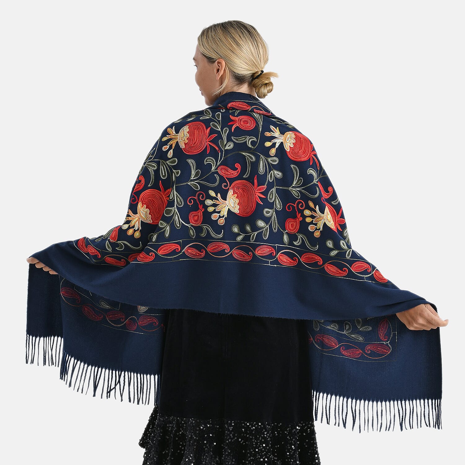 TAMSY Navy Botanical Soft Woven Embroidered Scarf with Tassels – One Size