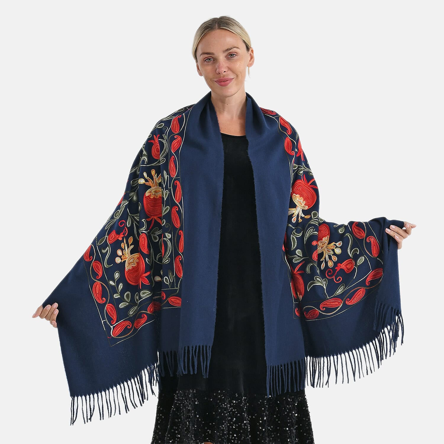 TAMSY Navy Botanical Soft Woven Embroidered Scarf with Tassels – One Size