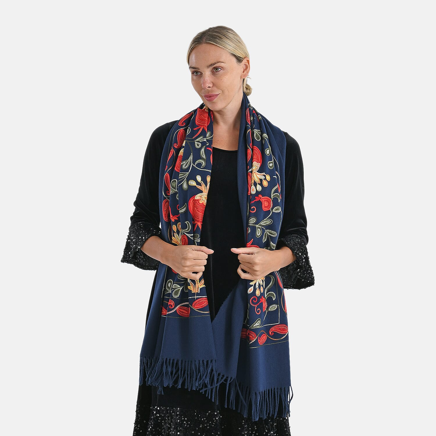 TAMSY Navy Botanical Soft Woven Embroidered Scarf with Tassels – One Size