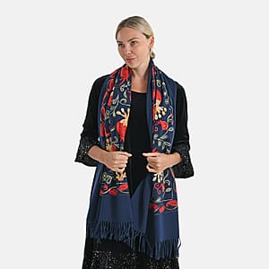 TAMSY Navy Botanical Soft Woven Embroidered Scarf with Tassels &ndash; One Size