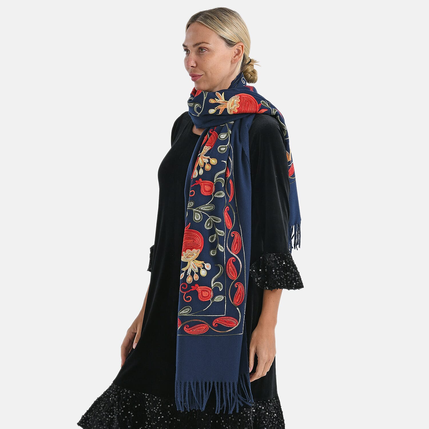 TAMSY Navy Botanical Soft Woven Embroidered Scarf with Tassels – One Size