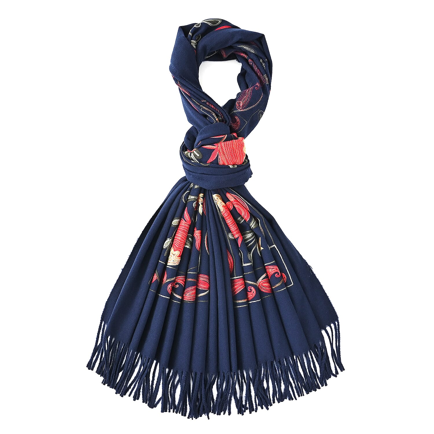 TAMSY Navy Botanical Soft Woven Embroidered Scarf with Tassels – One Size