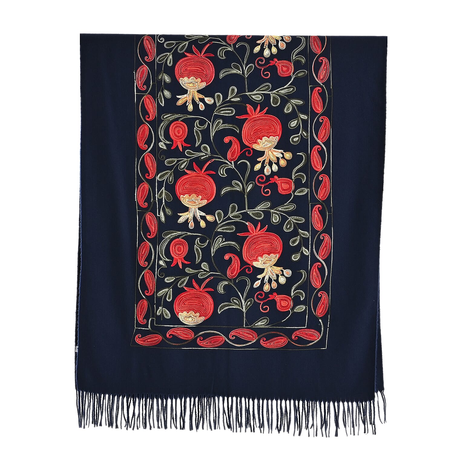 TAMSY Navy Botanical Soft Woven Embroidered Scarf with Tassels – One Size