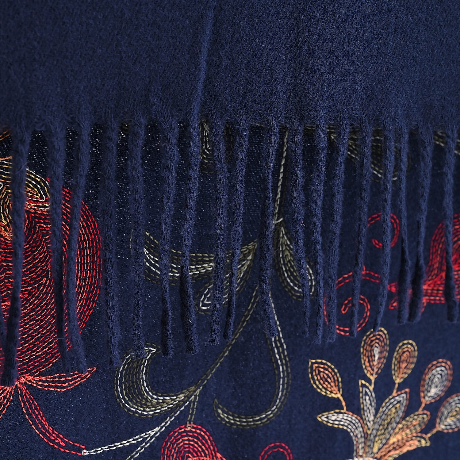 TAMSY Navy Botanical Soft Woven Embroidered Scarf with Tassels – One Size