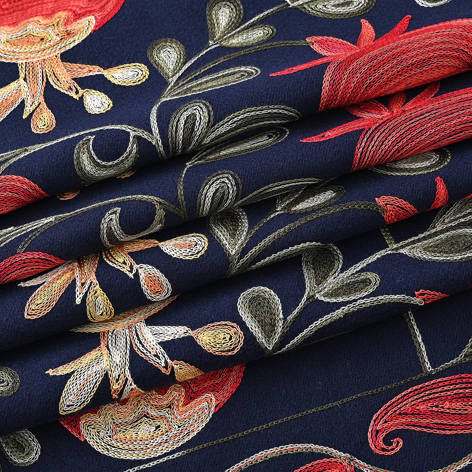 TAMSY Navy Botanical Soft Woven Embroidered Scarf with Tassels – One Size