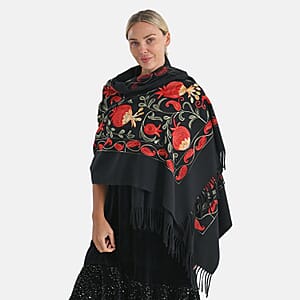 TAMSY Black Botanical Soft Woven Embroidered Scarf with Tassels &ndash; One Size