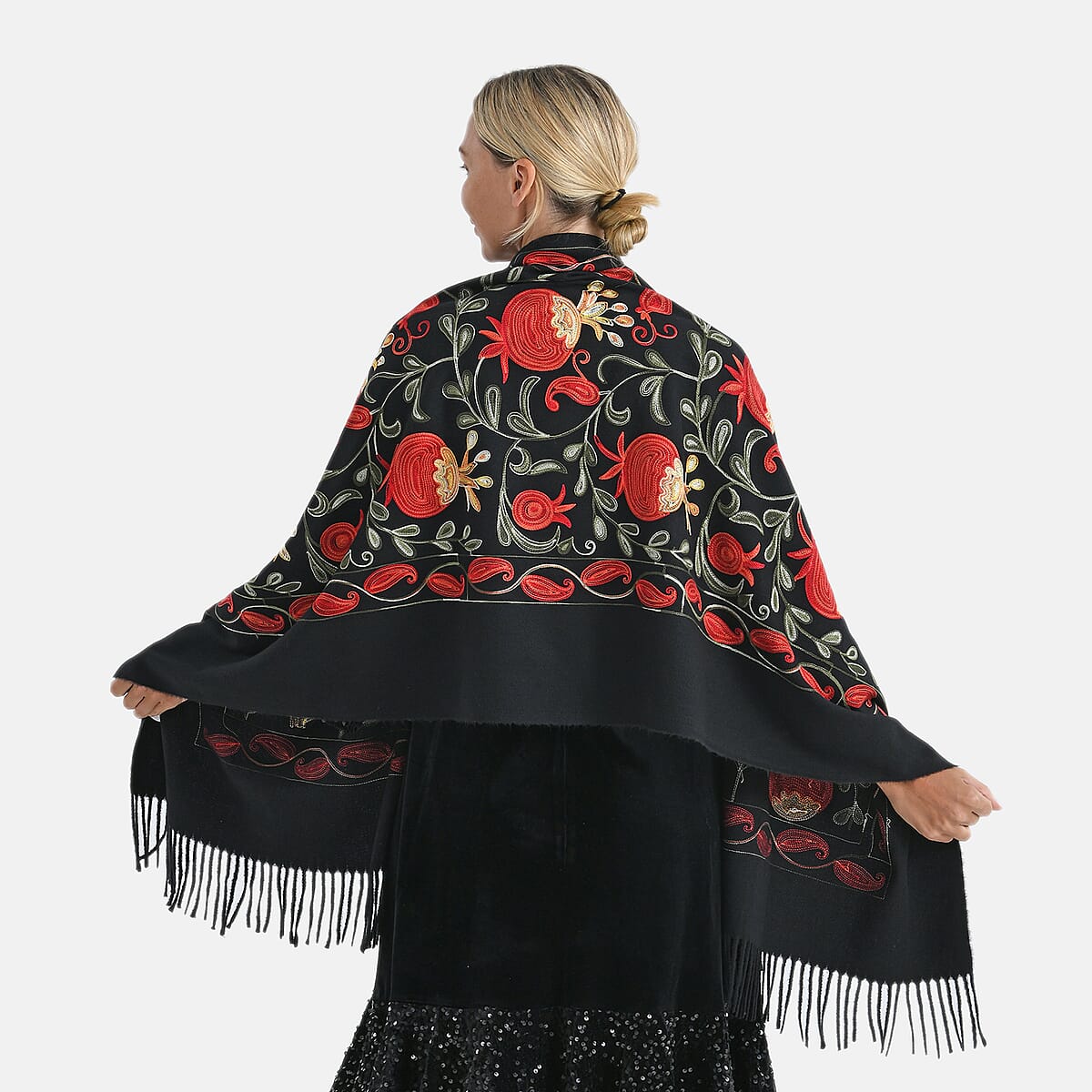TAMSY Black Botanical Soft Woven Embroidered Scarf with Tassels &ndash; One Size image number 1