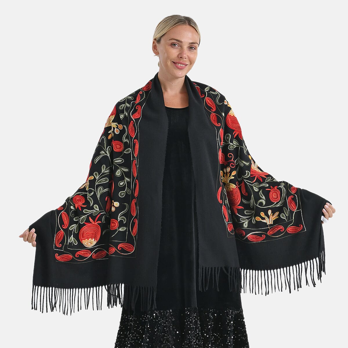 TAMSY Black Botanical Soft Woven Embroidered Scarf with Tassels &ndash; One Size image number 2