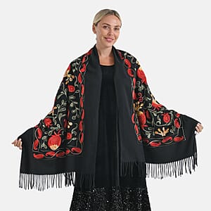 TAMSY Black Botanical Soft Woven Embroidered Scarf with Tassels &ndash; One Size