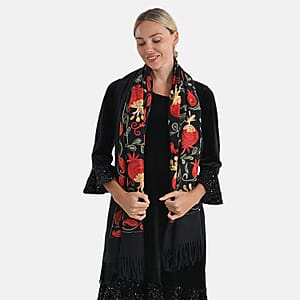 TAMSY Black Botanical Soft Woven Embroidered Scarf with Tassels &ndash; One Size