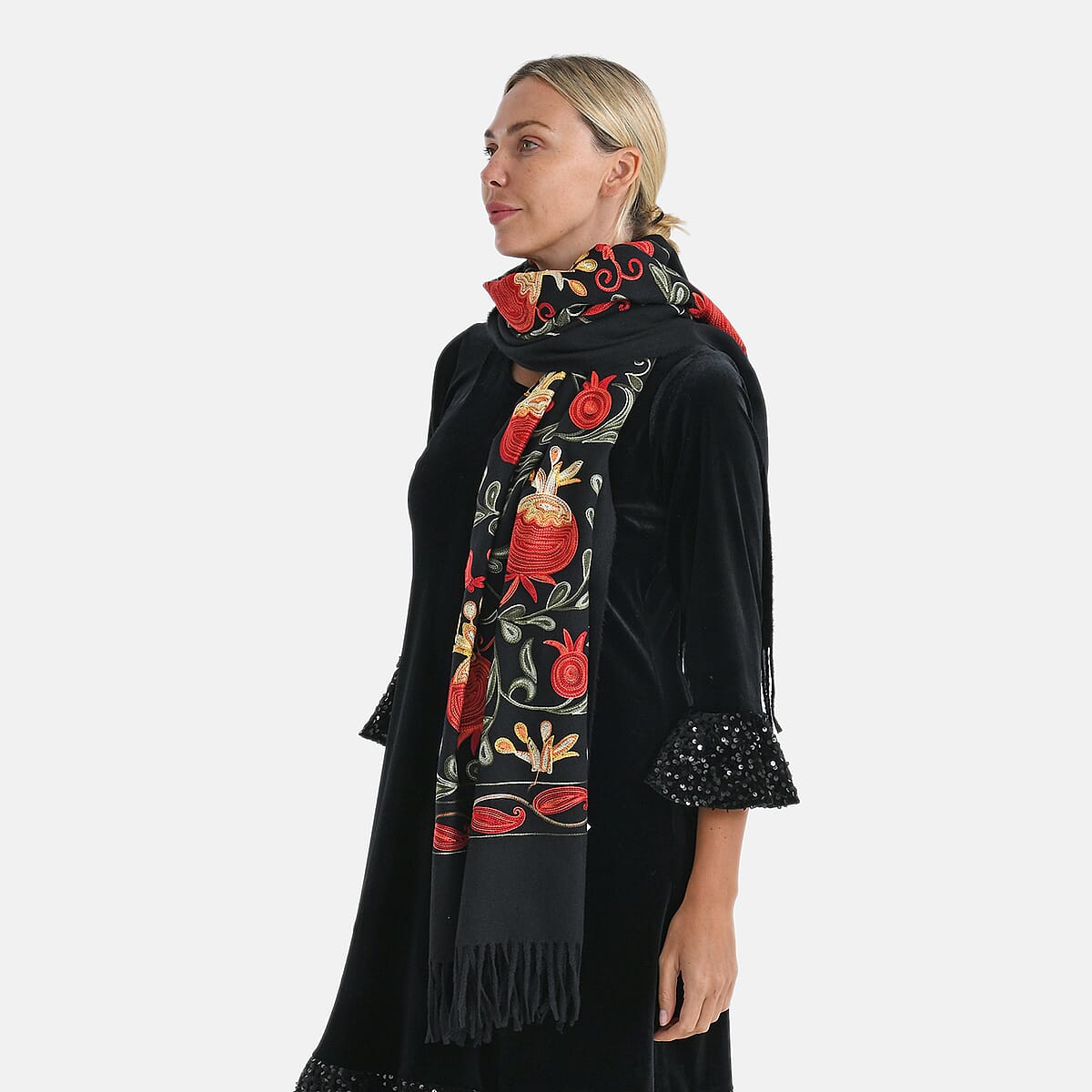 TAMSY Black Botanical Soft Woven Embroidered Scarf with Tassels &ndash; One Size image number 4