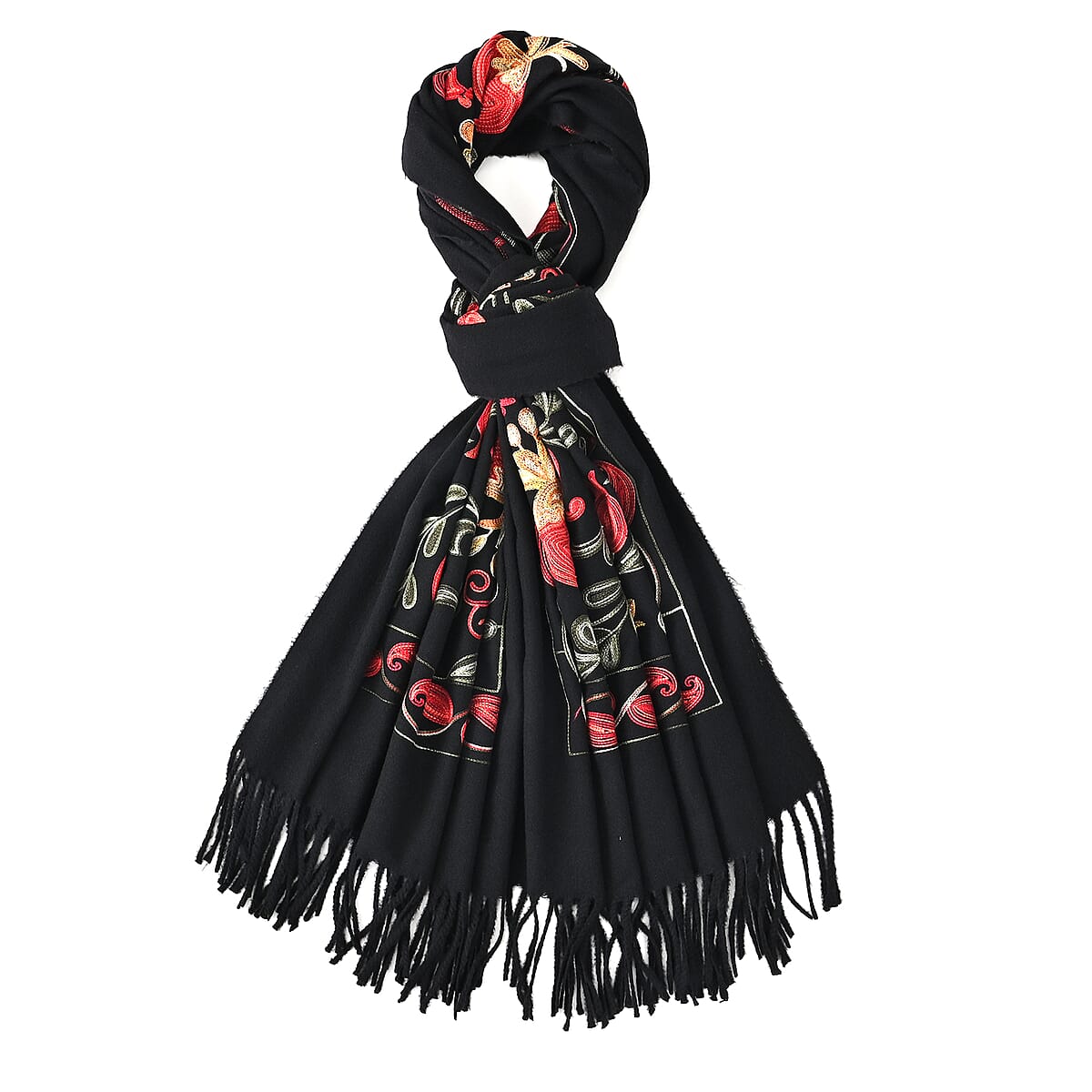TAMSY Black Botanical Soft Woven Embroidered Scarf with Tassels &ndash; One Size image number 5
